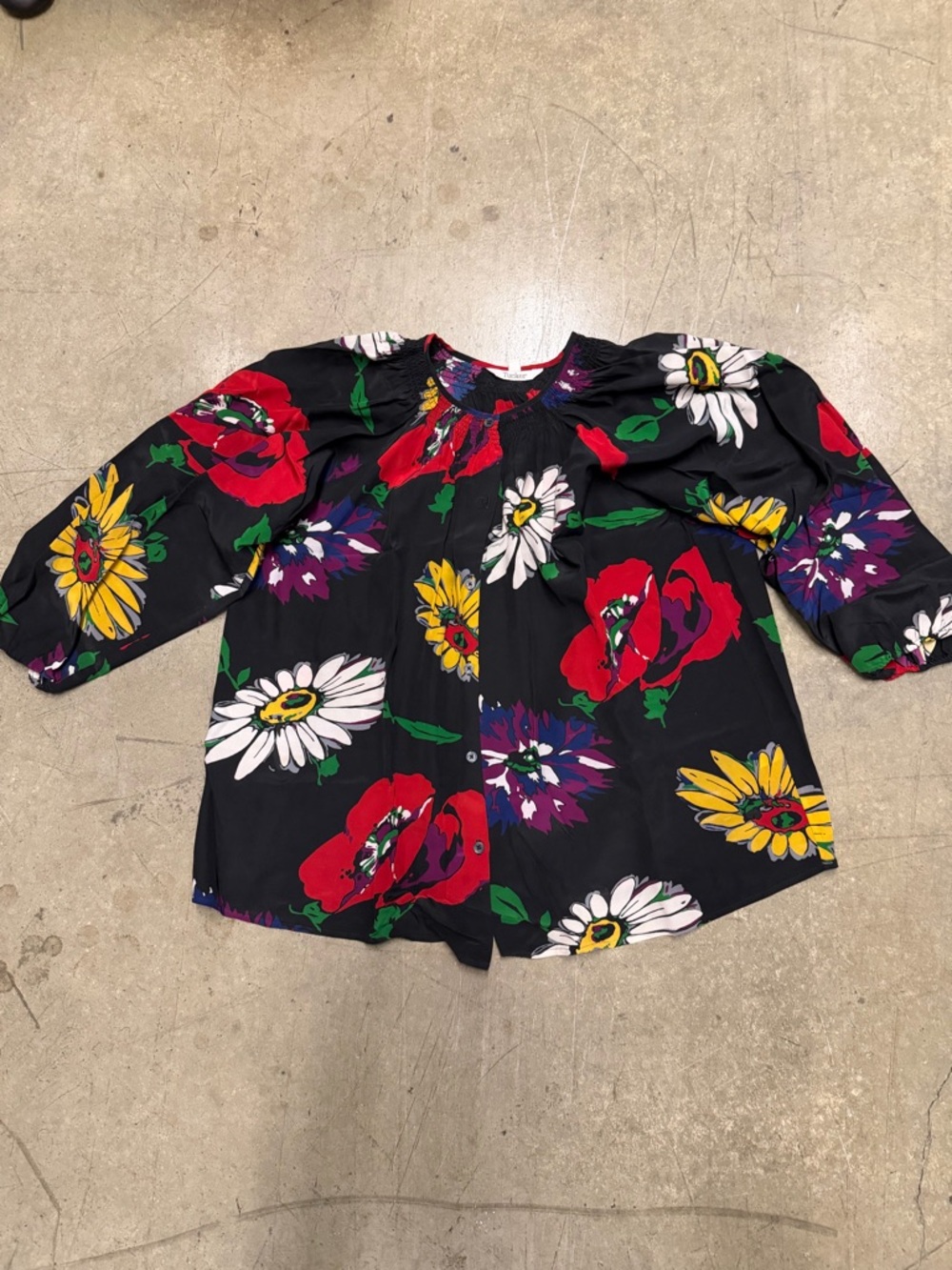 Tucker Black Floral Button-Front Blouse with Red, Yellow & White Blooms